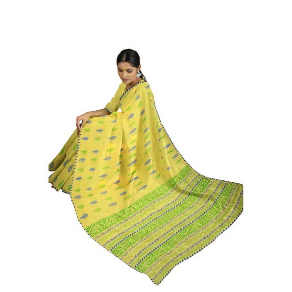 Fresh Yellow Khadi Saree with Dazzling blue & green Block Prints