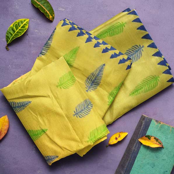 Fresh Yellow Khadi Saree with Dazzling blue & green Block Prints