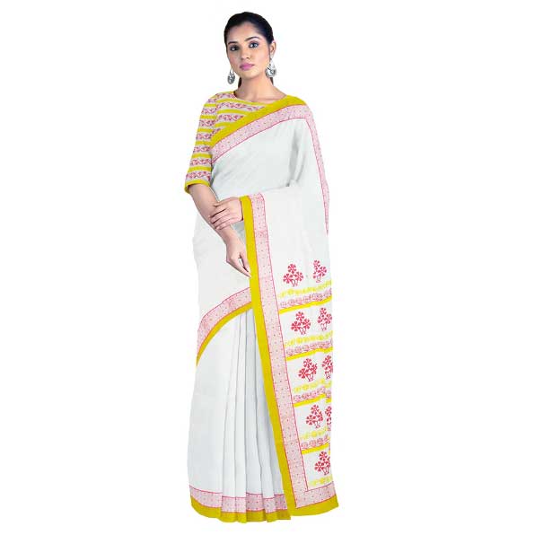 Handloom White Saree with Gorgeous Red & Yellow Block Prints on Pal