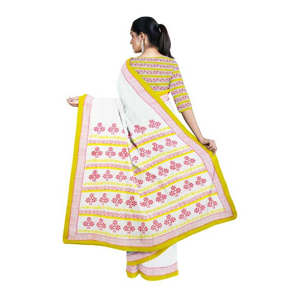 Handloom White Saree with Gorgeous Red & Yellow Block Prints on Pal