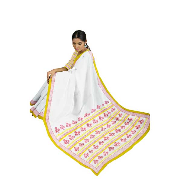 Handloom White Saree with Gorgeous Red & Yellow Block Prints on Pal