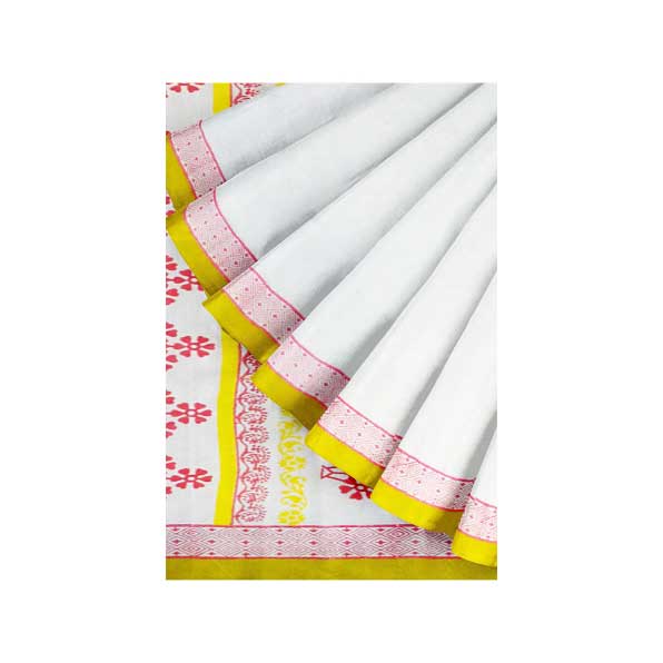 Handloom White Saree with Gorgeous Red & Yellow Block Prints on Pal