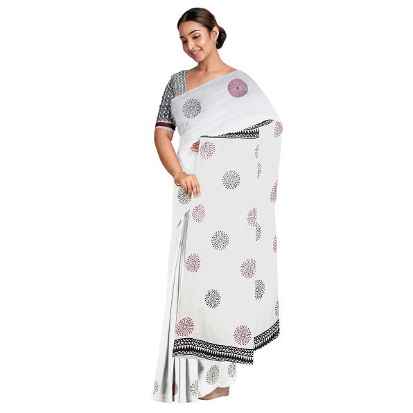 Handloom Pure cotton White Saree with Glorious Black & Red Block Prints