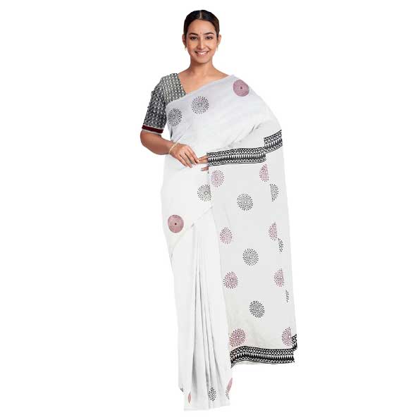 Handloom Pure cotton White Saree with Glorious Black & Red Block Prints