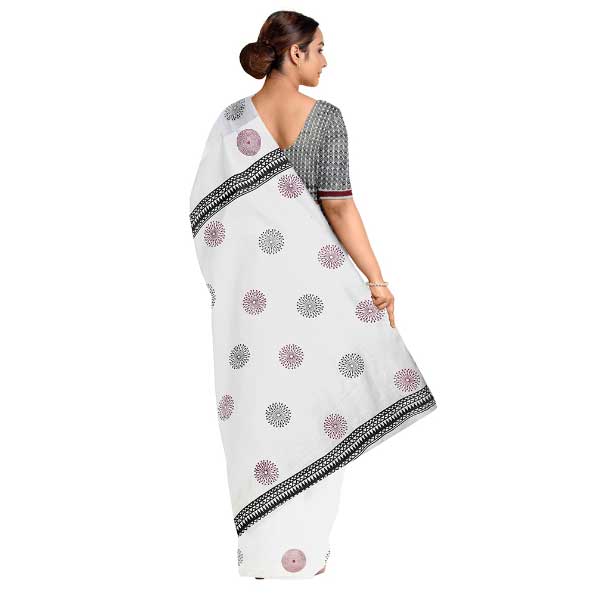 Handloom Pure cotton White Saree with Glorious Black & Red Block Prints