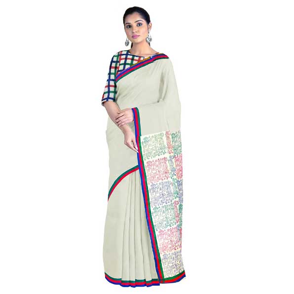 Handloom Off-White Malmal Khadi Saree with Intricate Block Prints on Pallu