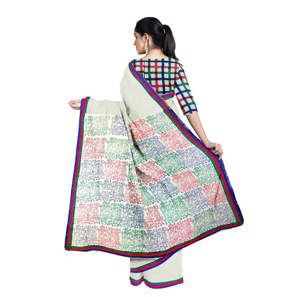 Handloom Off-White Malmal Khadi Saree with Intricate Block Prints on Pallu