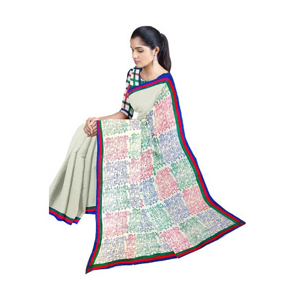 Handloom Off-White Malmal Khadi Saree with Intricate Block Prints on Pallu