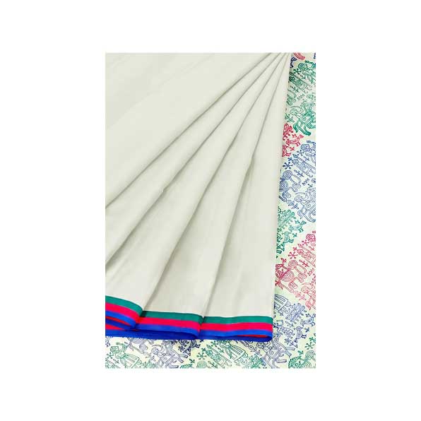 Handloom Off-White Malmal Khadi Saree with Intricate Block Prints on Pallu