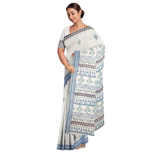 Off-White Malmal Khadi Saree with Elegant Block Prints on Pallu 